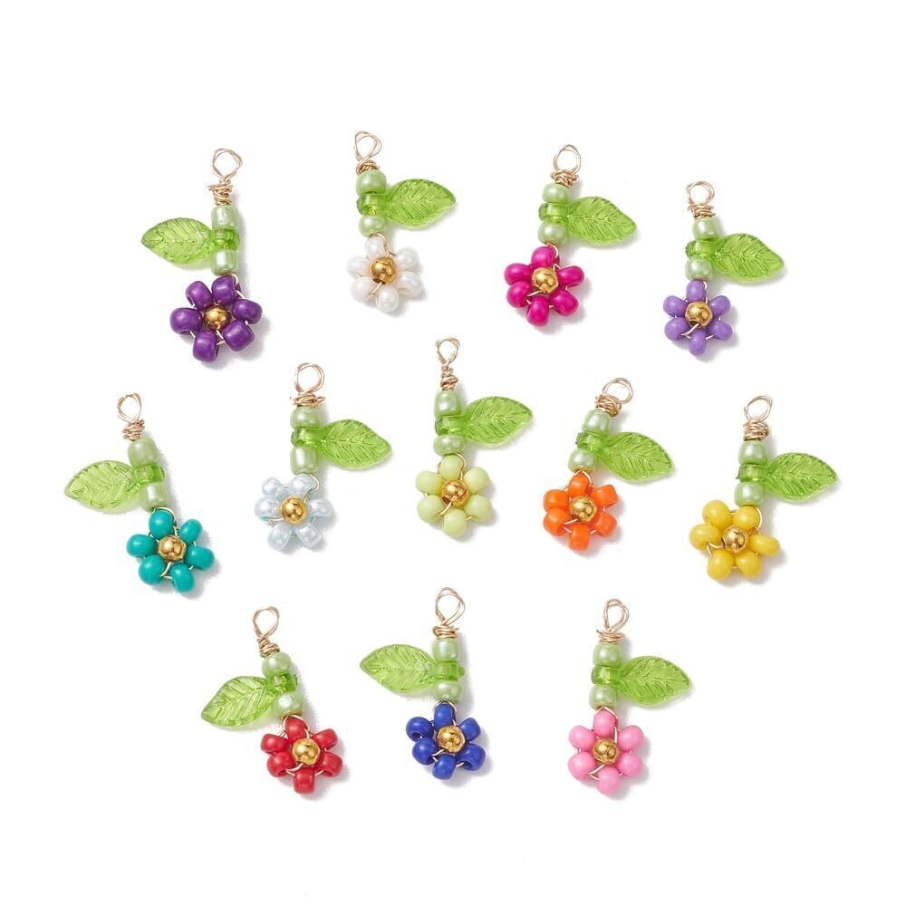 5036 60Pcs Glass Leaf Seed Beads Pendants Mixed Color Flower with Leaf